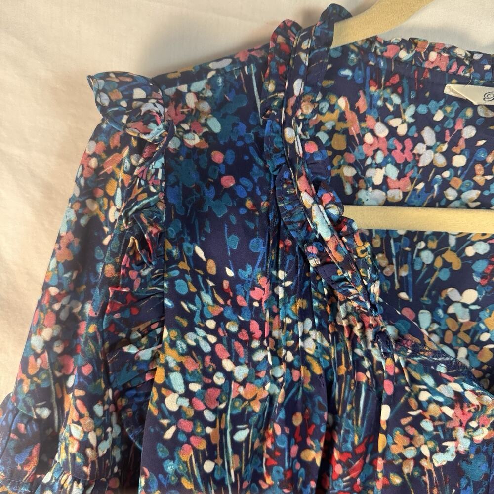 Pioneer Woman Blue Floral Peasant Blouse Balloon Sleeve Square Neck Size M Boho - Picture 3 of 8